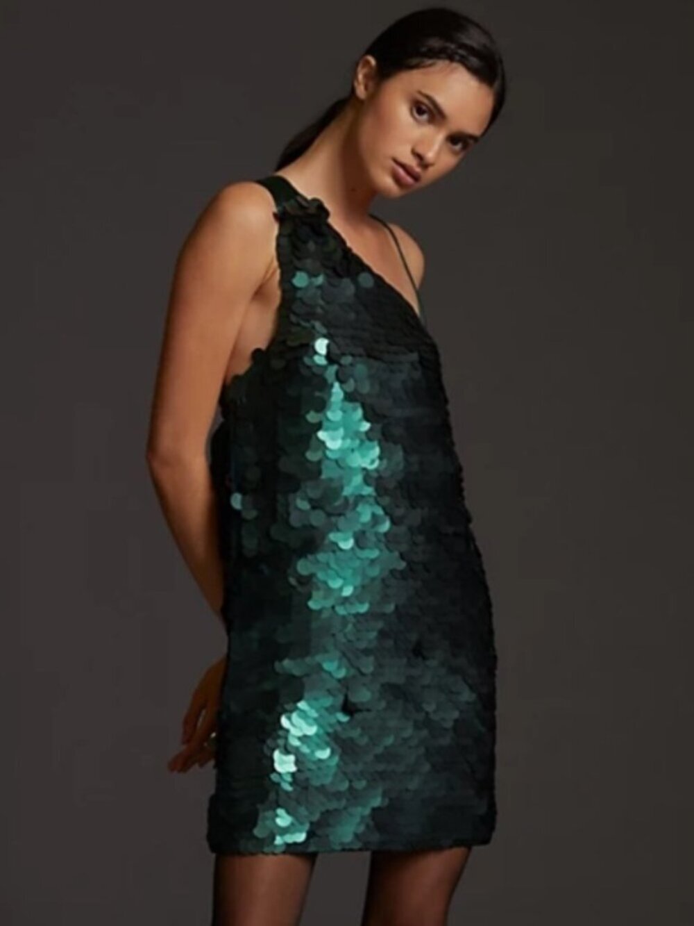 MAEVE x ANTHROPOLOGIE Sequined One Shoulder Mini Dress, Green Sz L